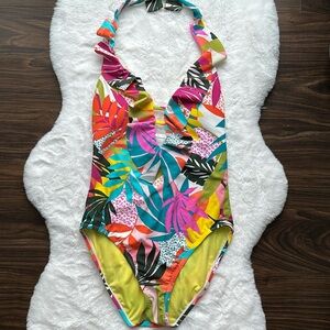 Bleu Rod Beattie One Piece Halter Plunge Swimsuit Ruffles Tropical size 8